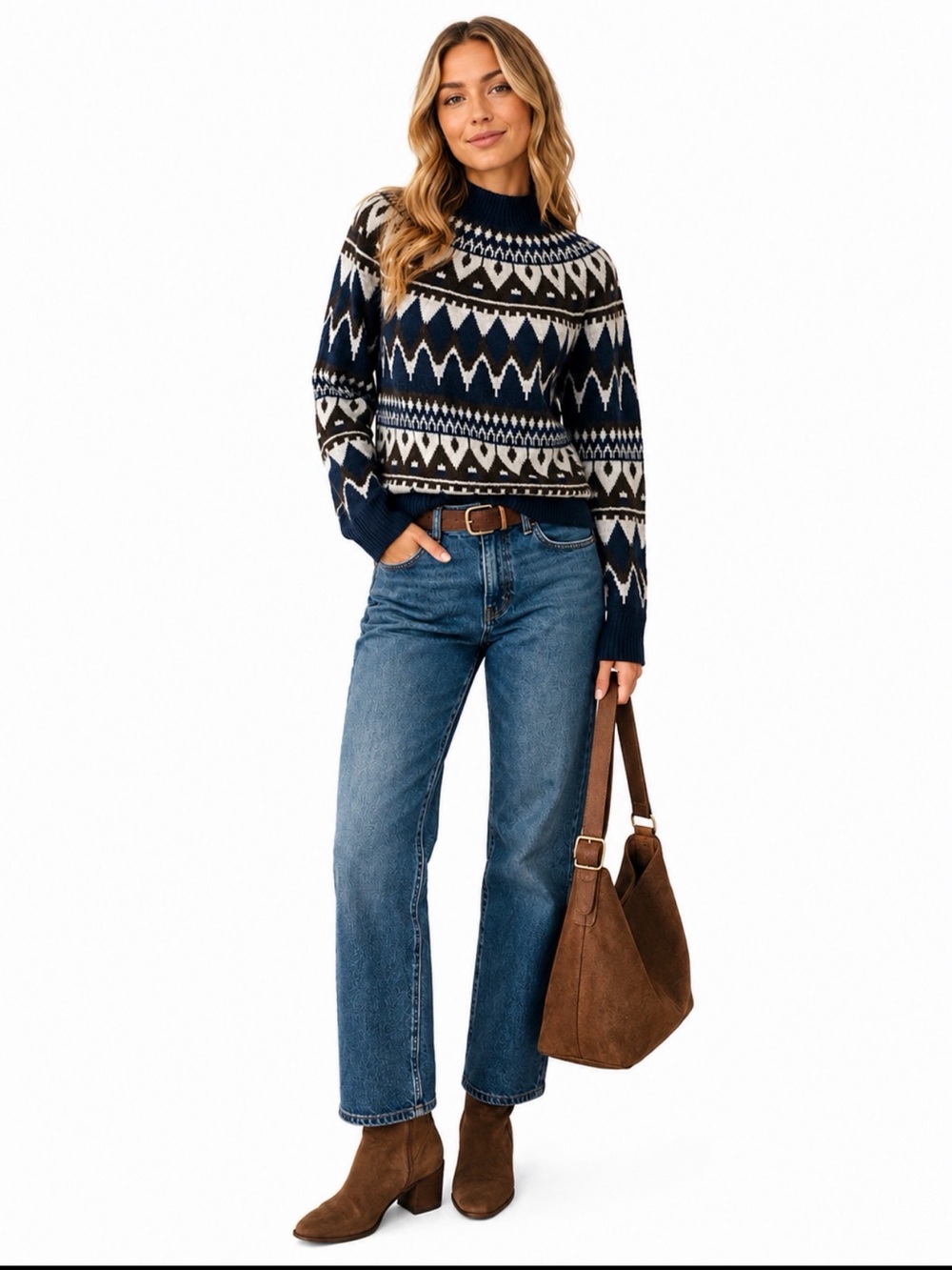 Evereve Navy, Brown & White Fair Isle Turtleneck Sweater
